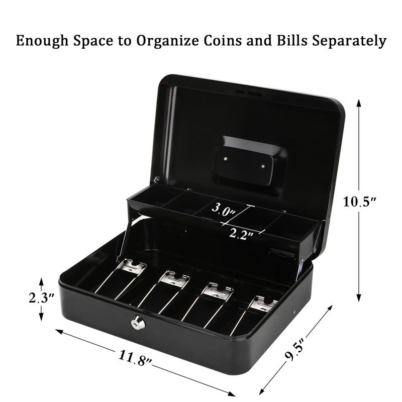Jssmst Large Cash Box with Money Tray and Lock - Safe Box for Cash Saving Key Lock Money Organizer Box, 11.8L x 9.5W x 3.5H Inches, Black, SM-CB0501L, XLarge - Image 3